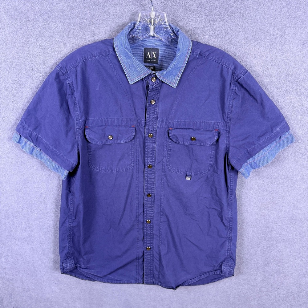 Armani Exchange Snap Shirt Mens M Blue Short Sleeve Button Up Workwear Casual